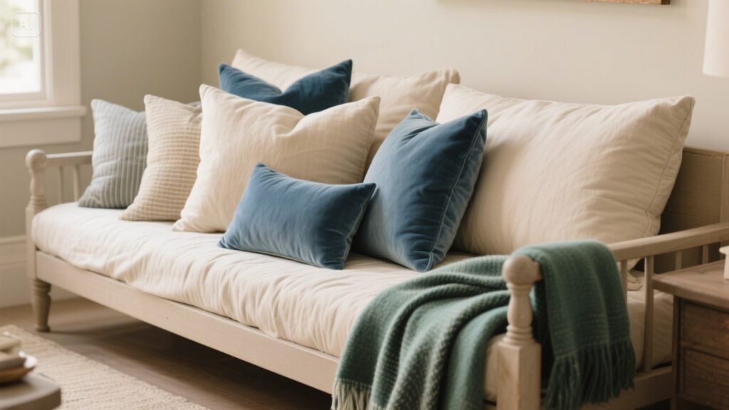 Pottery Barn Daybed with decorative pillows and throws