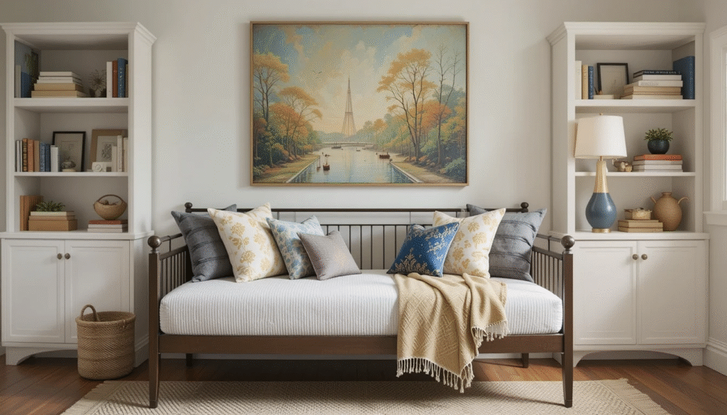 Daybed styled with wall art, plants, and bookshelves